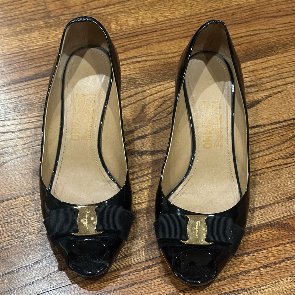 Salvatore Ferragamo Black Patent Leather Peep Toe Heels